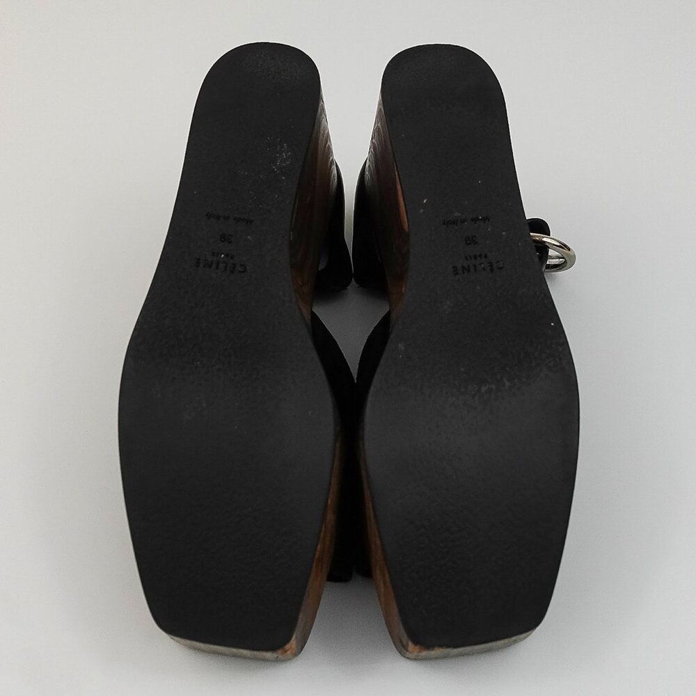 Celine Black Suede Platform Wavy Wood Block Heeled Buckle Sandal - FR 39/US 9 - Picture 6 of 12